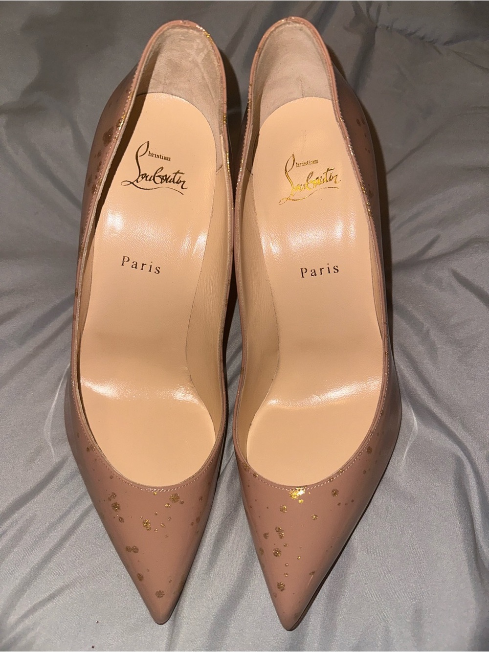 Christian Louboutin Nude Patent Leather Stiletto Pumps with Gold Speckle - Picture 2 of 7